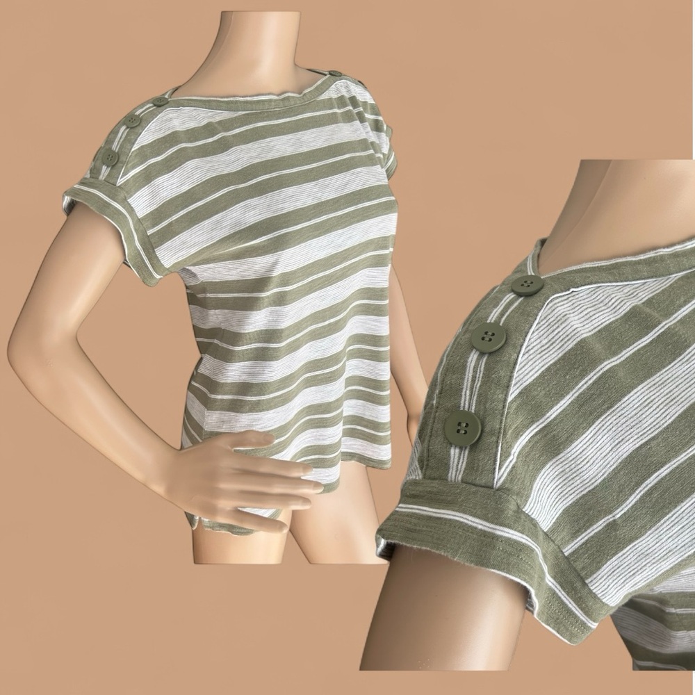 Talbots Petite Green White Stripe Button Shoulder Top Cotton Modal Sp